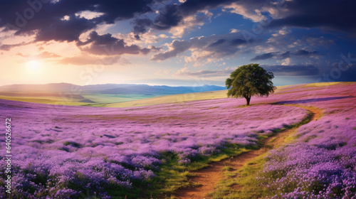 Beautiful rural landscape with blooming purple flowers