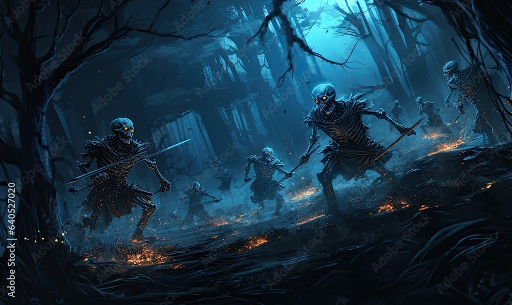 Photo of a creepy group of zombies making their way through a spooky forest