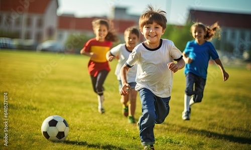 Photo of children playing soccer and chasing after the ball