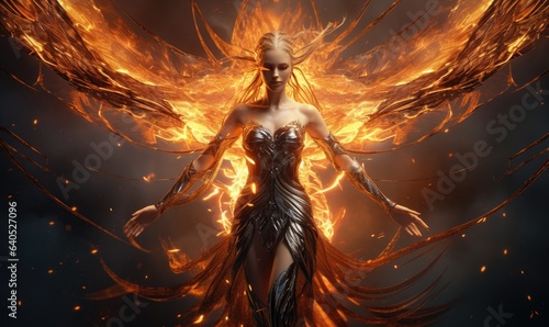 Photo of a woman in a flowing dress with fiery wings