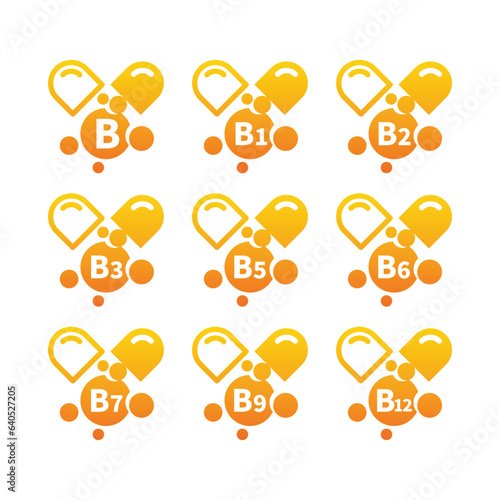 Vitamin b complex capsules icon set. Vitamins b1, b3, b9 and b12 icons.