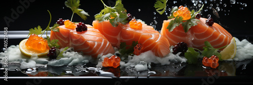 Schöner Lachs für Sushi wunderbar angerichtet in Querformat als Banner, ai generativ