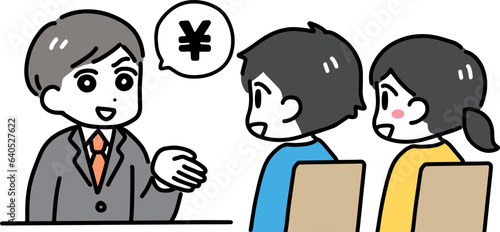 お金の話をする怪しい営業マンと若い男女