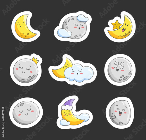 Moon cute kawaii character. Sticker Bookmark. Dream space night sky. Vector drawing. Collection of design elements.