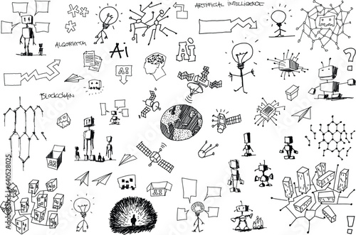 hand drawn architectural sketches of artificial intelligence topics and robots and future and science topics and machine learning and circuits and networks