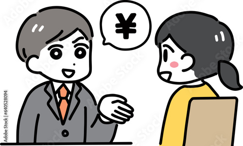 お金の話をする怪しい営業マンと若い女性