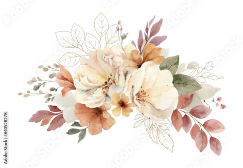 Watercolor vector arrangement with flowers and leaves isolated on a white background.