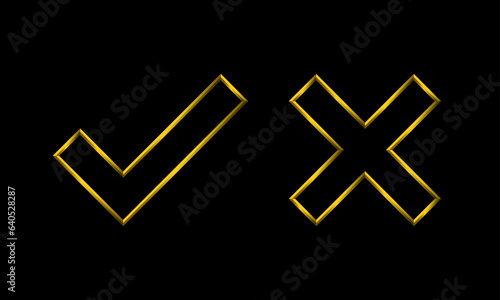 Correct and incorret icons in golden metallic thin lines. Golden premium luxurious icons collection.