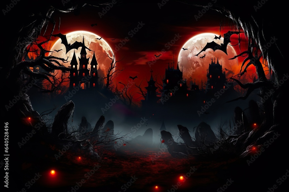 Halloween background with a spooky castle and full moon on halloween night Halloween background with a spooky castle and full moon on halloween night