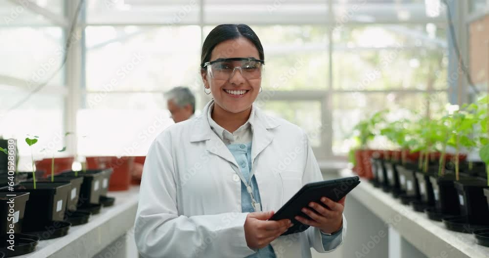 Tablet, portrait and science with a woman in a greenhouse to study plant growth for ecology research. Technology, sustainability and agriculture with a young scientist working on medicine innovation Tablet, portrait and science with a woman in a greenhouse to study plant growth for ecology research. Technology, sustainability and agriculture with a young scientist working on medicine innovation