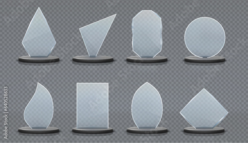 Clear glass trophy awards isolated vector set. Glossy board and clear panel trophy illustration