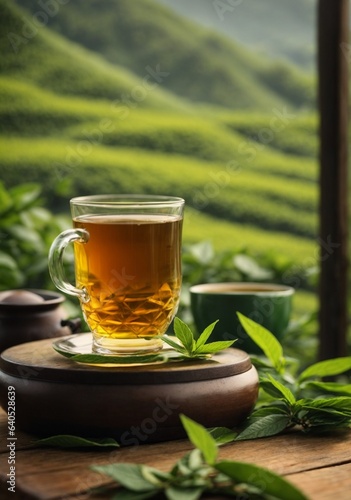 A cup of tea on the wooden table with tea plantation background.