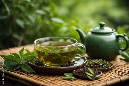 Green tea leaves and teapot on wooden table with nature background
