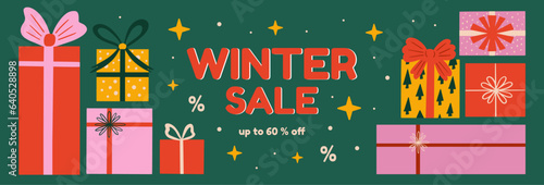 Merry Christmas Sale Vector banner for social media website header, Xmas gifts, winter holiday shopping, discount, present illustration background