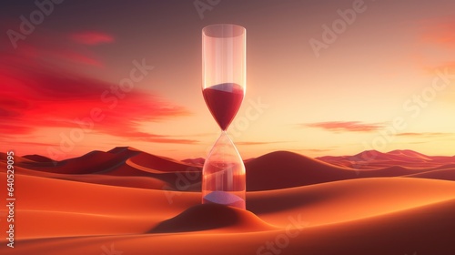 A 3D render depicting a vast desert landscape  dominated by a giant hourglass tower. As the sands shift within the hourglass  they mirror the ever-changing dunes below