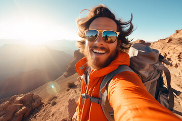 Happy young man hiker taking selfie on top of mountain, smiling tourist with backpack and glasses enjoying beautiful sunset from the top of mountain