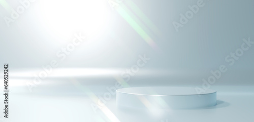 銀色背景と台座。輝くカラフルな光。コピースペース。（横長）