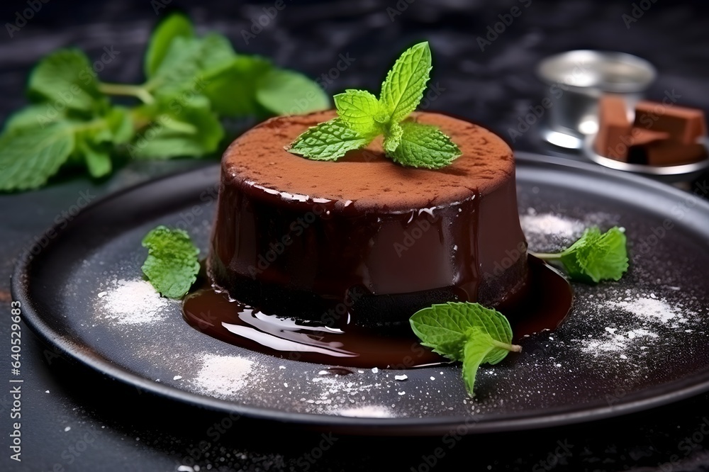 Chocolate fondant with mint on a dark background Chocolate fondant with mint on a dark background