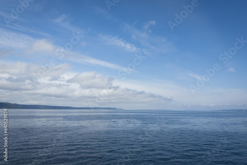 Panoramic view of water from ferry deck in Pacific Northwest.