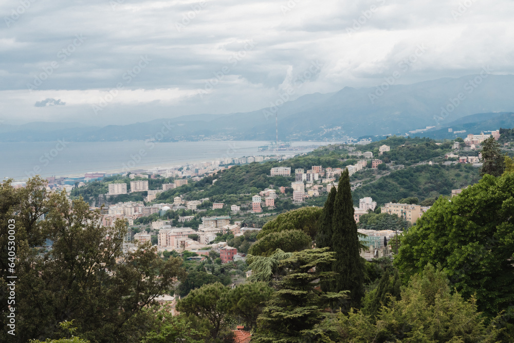 Postcard landscape, city view Genoa Italy