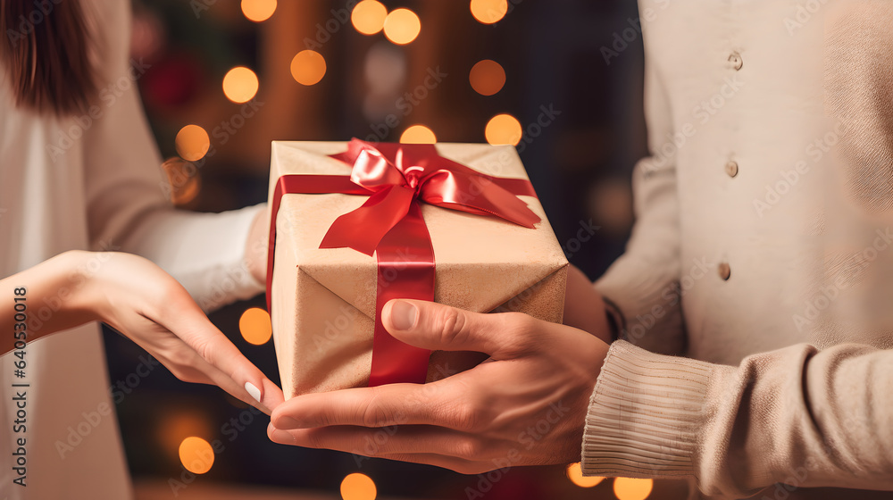 Close up of a Young man giving a gift box to his surprised happy woman. Hands of young couple giving and receiving a christmas gift box to each other Close up of a Young man giving a gift box to his surprised happy woman. Hands of young couple giving and receiving a christmas gift box to each other