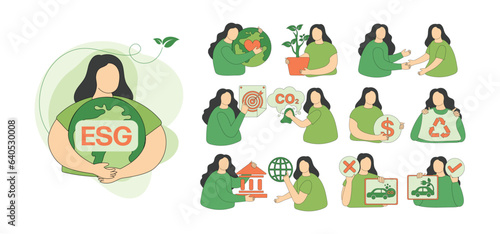 ESG cartoon concept business and organization, Environment, Social, Governance and sustainable development. Green energy, sustainable industry with solar energy. Vector illustration set.