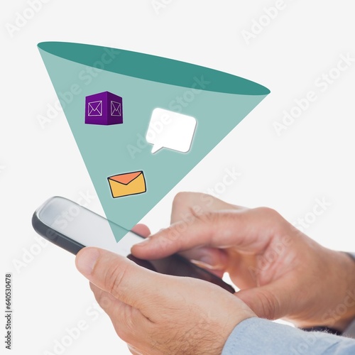 Hands of caucasian businessman using mobile phone and chat box, email and envelope icons