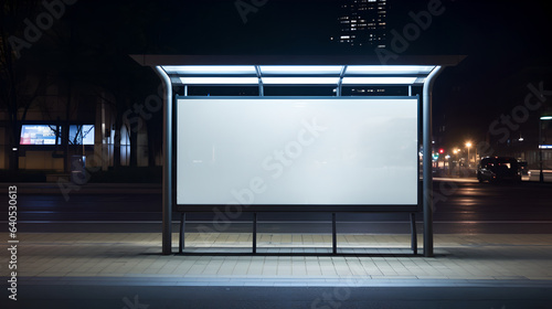 Fototapeta Naklejka Na Ścianę i Meble -  Empty white blank street billboard at night, blank white glowing signboard on roadside in city at night time, Promotional poster mock up