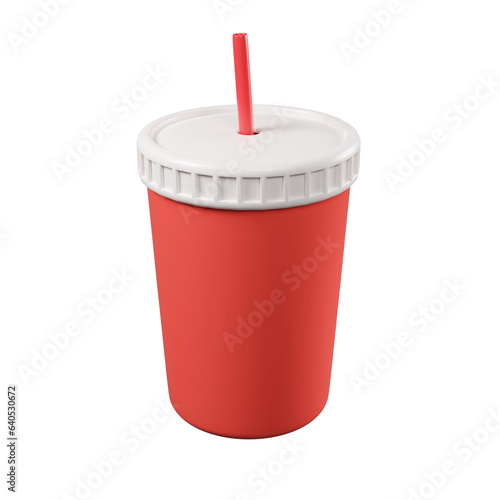 3D red cup for sparkling water with white lid and red straw isolated on white background