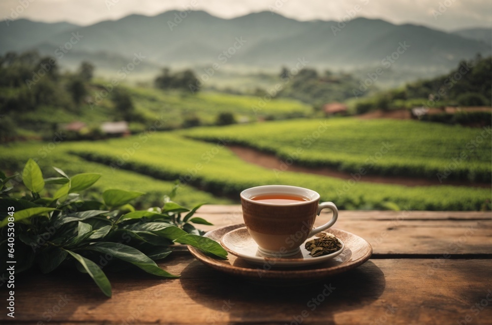 A cup of tea on the wooden table with tea plantation background. A cup of tea on the wooden table with tea plantation background.