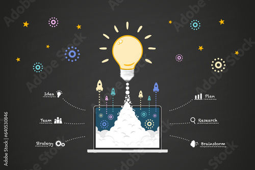 Business idea, Concept of startup business organization for success or leadership professional, Bright luminous bulb in the form of a rocket flies up, Marketing strategy team plan research brainstorm.