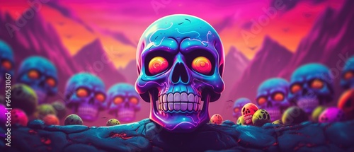 Psychedelic surreal neon glow color Halloween skull ruling the undead ultraviolet world, trippy horrific cool widescreen desktop wallpaper poster - generative AI © SoulMyst