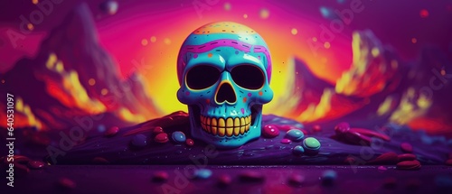 Psychedelic surreal neon glow color Halloween skull ruling the undead ultraviolet world, trippy horrific cool widescreen desktop wallpaper poster - generative AI