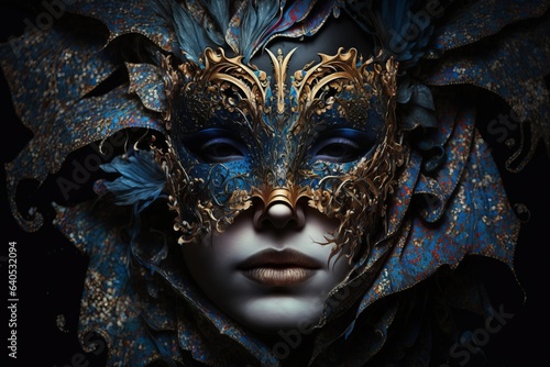 person with elegant carnival mask of venice, dark background dull blue colors