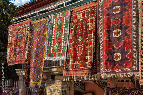 Bergama carpets. Antique shop at the street of Bergama. Travelling and shoping, traditional turkish sovenirs. Bergama, Turkey (Turkiye) © Elena