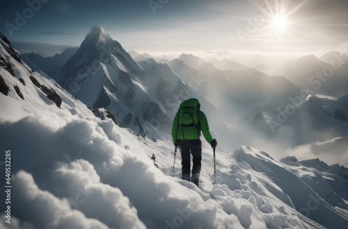 Hiker in mountains with snowshoes and backpacks © vytautas