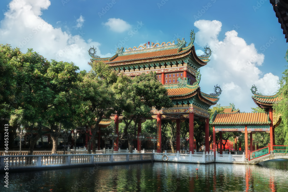 Guangzhou, Guangdong, China. Baomo Garden is located in Panyu District. The garden features common elements of Chinese Lingnan garden architecture such as ponds, bridges, pavilions. 