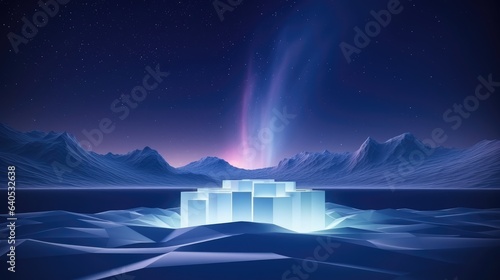 A 3D render showcasing a snowy landscape where the mountain peaks take a unique cube-shape  accompanied by frosted trees