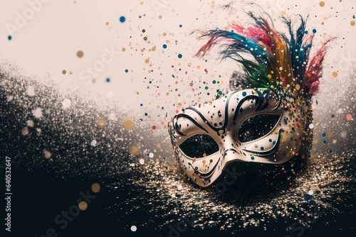 colorful mask on a white background with confetti, holidays circus, carnival © rodrigo