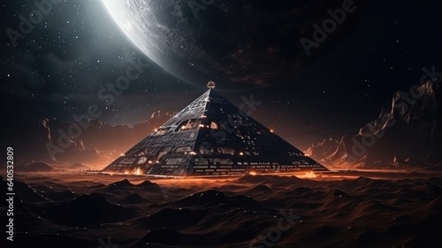A 3D render depicting a cosmic landscape where a pyramid-shaped ship soars, leaving a trail of light against a backdrop of starry skies and distant nebulae