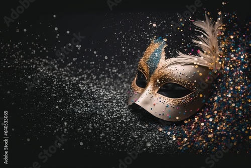 elegant mask decorated in golden colors, on a black background, mexcio latin america