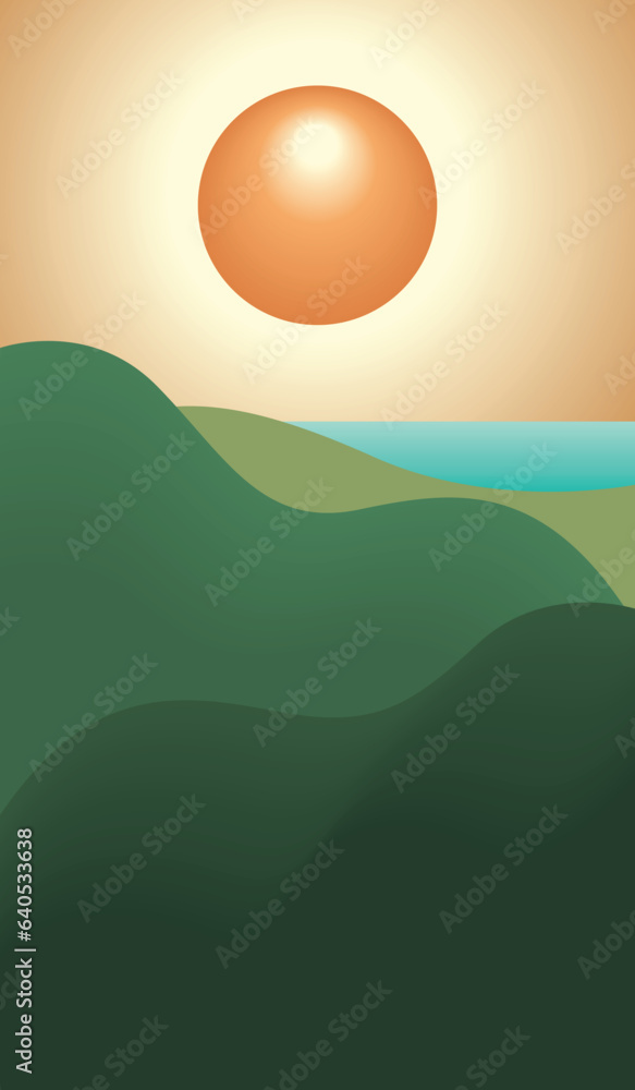 Abstract green mountain, sea and sun. Curved smooth.