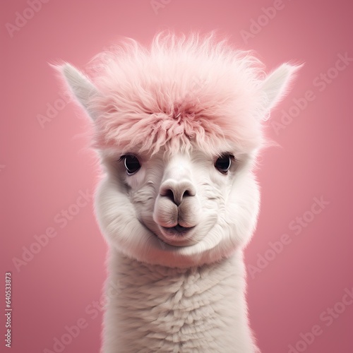 Head of a alpaca smile with pink hair on a pink background