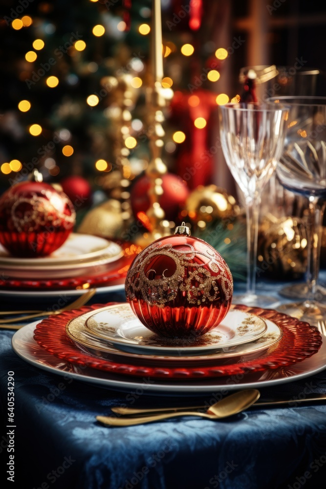 vertical Christmas table decoration in burgundy and purple colors