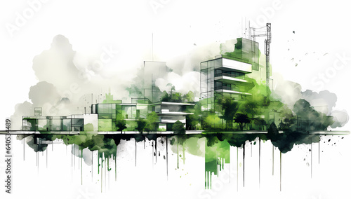 sustainability art in design for architecture, in the style of high detailed, double exposure, color splash, dark white