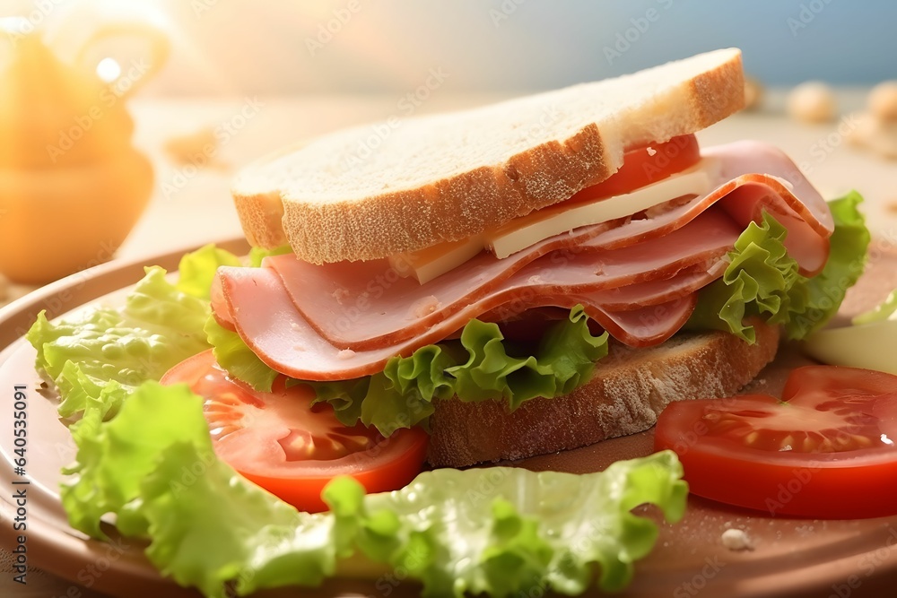 Obraz premium Closeup Sandwich Bologna Sauce with tomato slice, lettuce , bread, sliced meat