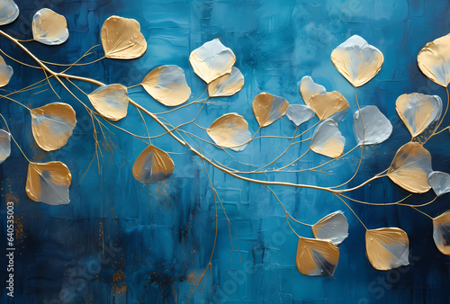 contemporary abstract painting with gold and white leaves, in the style of detailed background elements, dark silver and light