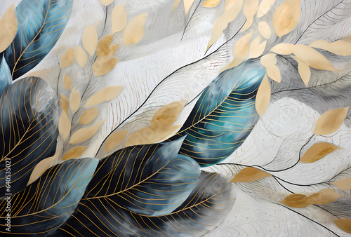 abstract painting with gold, black and white leaves, in the style of silver and azure, detailed background elements, whimsical