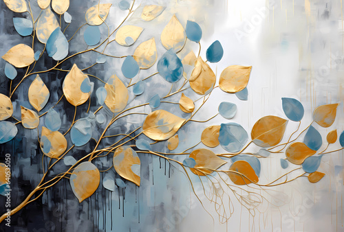 abstract painting with gold, black and white leaves, in the style of silver and azure, detailed background elements, whimsical
