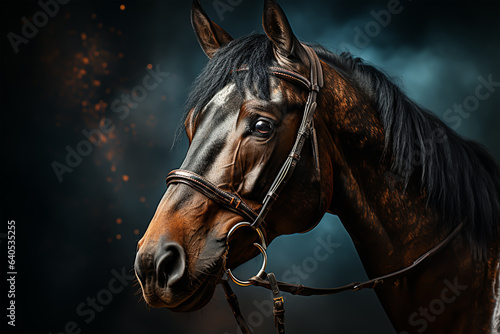 Beautiful horse portrait on a dark background. Generative ai